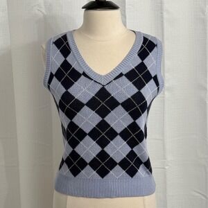 Stitch & Pine Argyle Sweater Vest Classic V-Neckline Ribbed Knit Trims
